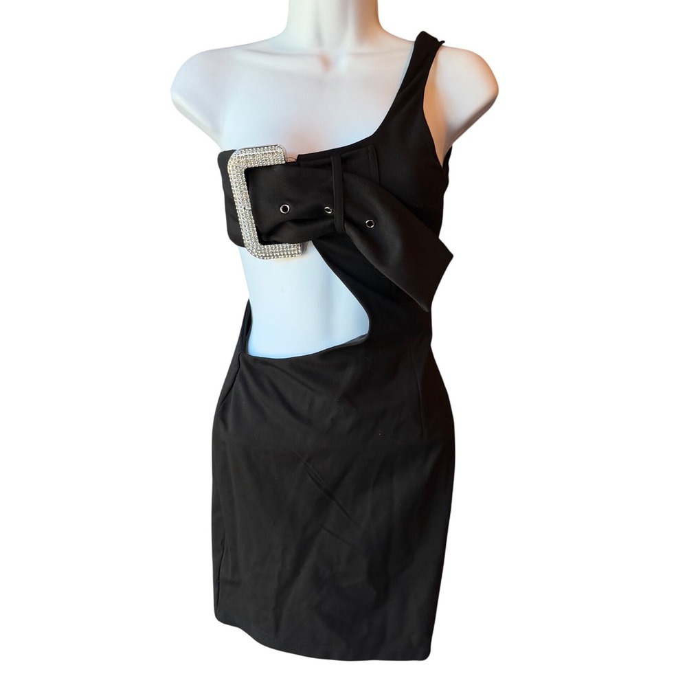 EDGE One Shoulder Rhinestone Buckle Cutout Mini Dress Size Small Black NWT